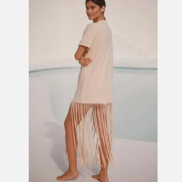 Farm Rio x Anthropologie Short-Sleeve Maxi Dress Fringe T-shirt Bananas L NWT - Picture 6 of 6